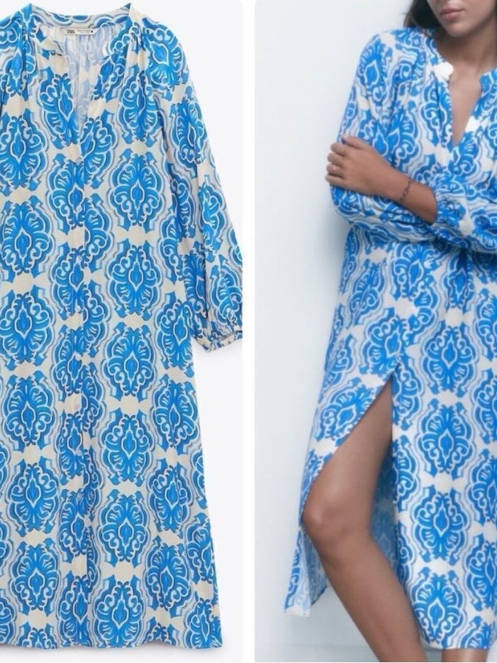 Zara Blue and White Damask-Print Midi Dress